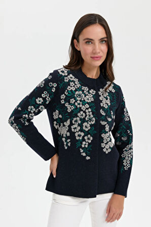Kadın Dik Yaka Pıtırcık Çiçekli Yün Ceket K.Lacivert