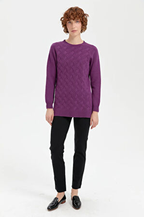 Kadın Sıfır Yaka Dikişsiz Önü Saç Örgülü Yün Kazak A.Mor