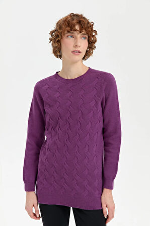 Kadın Sıfır Yaka Dikişsiz Önü Saç Örgülü Yün Kazak A.Mor