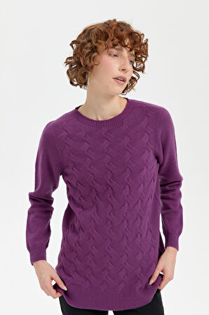 Kadın Sıfır Yaka Dikişsiz Önü Saç Örgülü Yün Kazak A.Mor