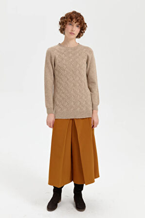 Kadın Sıfır Yaka Dikişsiz Önü Saç Örgülü Yün Kazak K.Bej