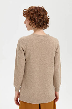 Kadın Sıfır Yaka Dikişsiz Önü Saç Örgülü Yün Kazak K.Bej