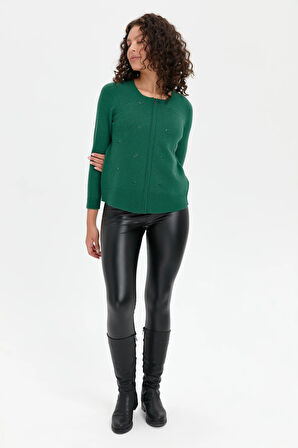 Kadın Sıfır Yaka Dikişsiz Önü Taşlı Fermuarlı Yün Hırka Ö.Başı