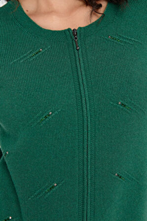 Kadın Sıfır Yaka Dikişsiz Önü Taşlı Fermuarlı Yün Hırka Ö.Başı