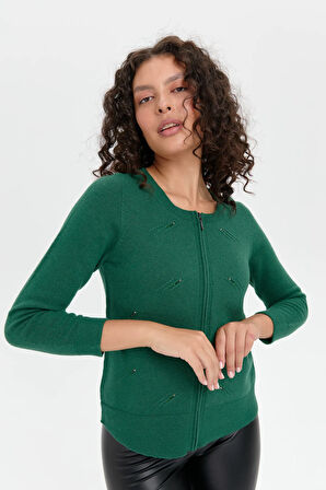 Kadın Sıfır Yaka Dikişsiz Önü Taşlı Fermuarlı Yün Hırka Ö.Başı