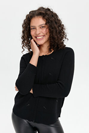 Kadın Sıfır Yaka Dikişsiz Önü Taşlı Fermuarlı Yün Hırka Siyah