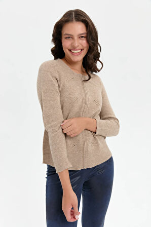 Kadın Sıfır Yaka Dikişsiz Önü Taşlı Fermuarlı Yün Hırka K.Bej