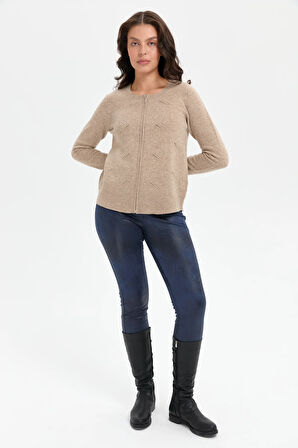 Kadın Sıfır Yaka Dikişsiz Önü Taşlı Fermuarlı Yün Hırka K.Bej