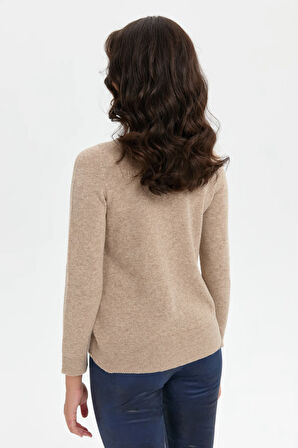 Kadın Sıfır Yaka Dikişsiz Önü Taşlı Fermuarlı Yün Hırka K.Bej