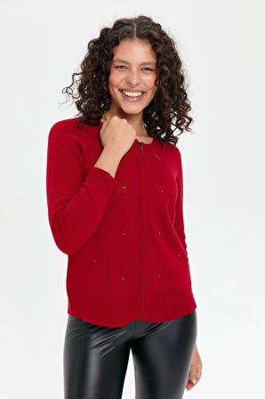 Kadın Sıfır Yaka Dikişsiz Önü Taşlı Fermuarlı Yün Hırka K.Kırmızı