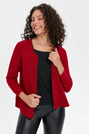 Kadın Sıfır Yaka Dikişsiz Önü Taşlı Fermuarlı Yün Hırka K.Kırmızı