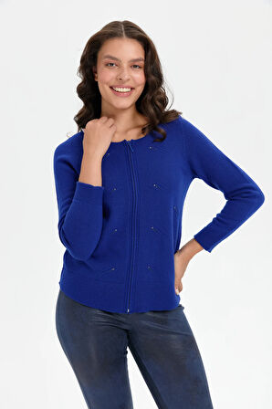 Kadın Sıfır Yaka Dikişsiz Önü Taşlı Fermuarlı Yün Hırka K.Saks