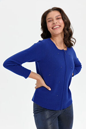 Kadın Sıfır Yaka Dikişsiz Önü Taşlı Fermuarlı Yün Hırka K.Saks