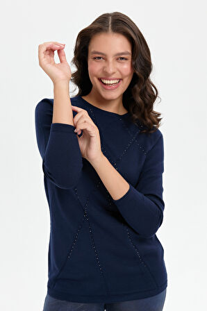 Kadın Önü Çapraz Desenli Taşlı Dikişsiz Kazak K.Lacivert