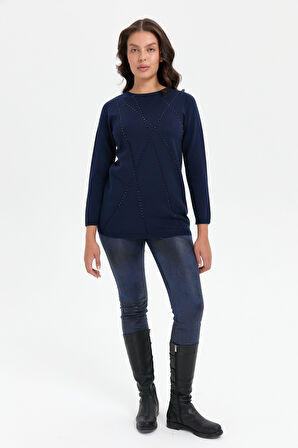 Kadın Önü Çapraz Desenli Taşlı Dikişsiz Kazak K.Lacivert