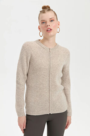 Kadın Sıfır Yaka Dikişsiz Fermuarlı Yün Hırka V.Bej