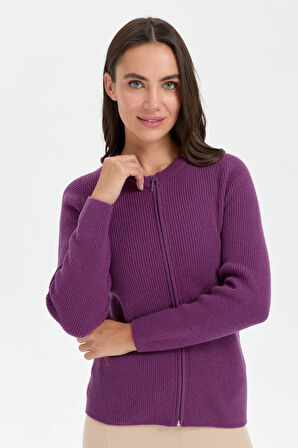 Kadın Sıfır Yaka Dikişsiz Fermuarlı Yün Hırka A.Mor