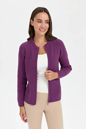 Kadın Sıfır Yaka Dikişsiz Fermuarlı Yün Hırka A.Mor