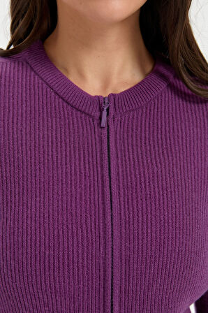 Kadın Sıfır Yaka Dikişsiz Fermuarlı Yün Hırka A.Mor