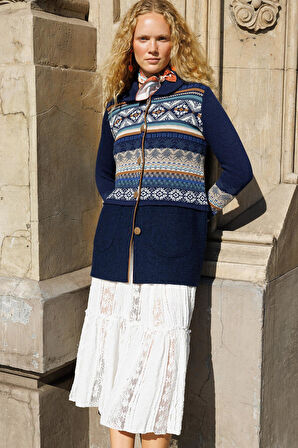 Kadın Polo Yaka Eteği Keçeli Araboy Yün Hırka Y.A Lacivert