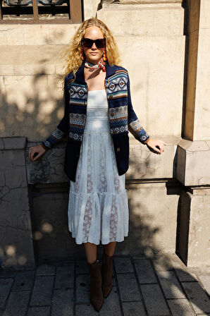 Kadın Polo Yaka Eteği Keçeli Araboy Yün Hırka Y.A Lacivert