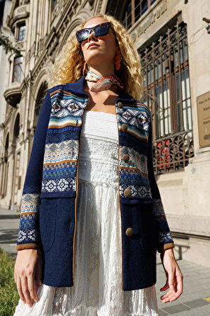 Kadın Polo Yaka Eteği Keçeli Araboy Yün Hırka Y.A Lacivert