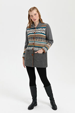 Kadın Polo Yaka Eteği Keçeli Araboy Yün Hırka Füme