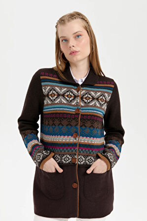 Kadın Polo Yaka Eteği Keçeli Araboy Yün Hırka K.Kahve