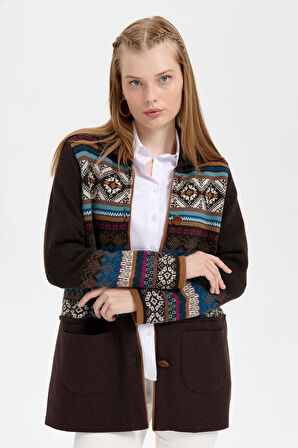 Kadın Polo Yaka Eteği Keçeli Araboy Yün Hırka K.Kahve