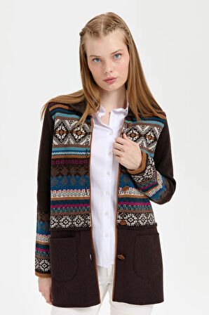 Kadın Polo Yaka Eteği Keçeli Araboy Yün Hırka K.Kahve