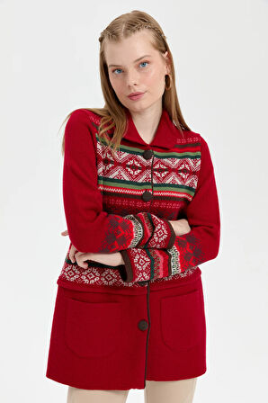 Kadın Polo Yaka Eteği Keçeli Araboy Yün Hırka K.Kırmızı