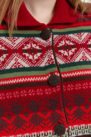 Kadın Polo Yaka Eteği Keçeli Araboy Yün Hırka K.Kırmızı