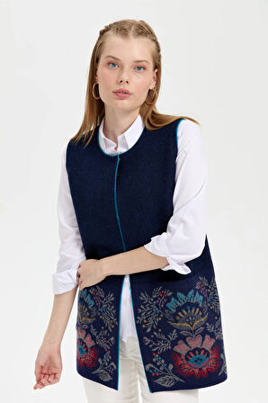 Kadın Triko Önü Açık Araboy Yün Yelek Y.A Lacivert