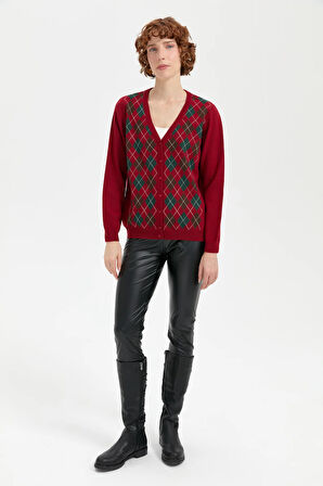 Kadın V Yaka Önü Baklavalı Hırka V.Kırmızı