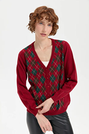 Kadın V Yaka Önü Baklavalı Hırka V.Kırmızı