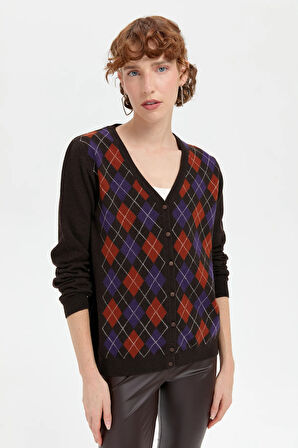 Kadın V Yaka Önü Baklavalı Hırka K.Kahve