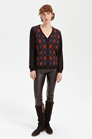 Kadın V Yaka Önü Baklavalı Hırka K.Kahve