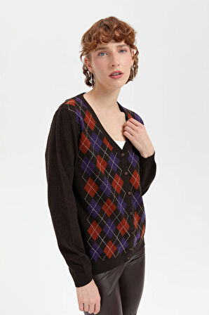 Kadın V Yaka Önü Baklavalı Hırka K.Kahve