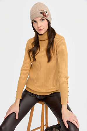 Kadın Papatya Çiçek İşlemeli Yün Bere K.Bej