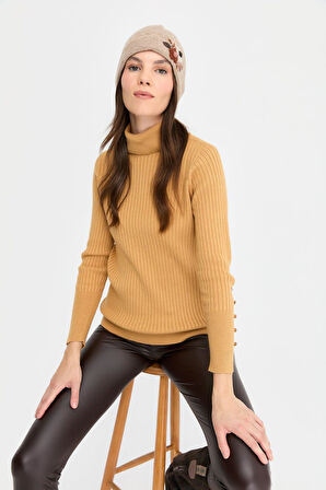 Kadın Papatya Çiçek İşlemeli Yün Bere K.Bej