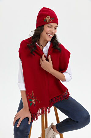 Kadın Papatya Çiçek İşlemeli Yün Bere K.Kırmızı