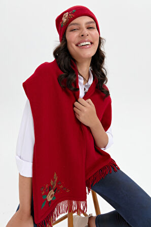 Kadın Papatya Çiçek İşlemeli Yün Bere K.Kırmızı