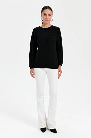 Kadın Sıfır Yaka Dikişsiz Önü Yürütmeli Yün Kazak Siyah