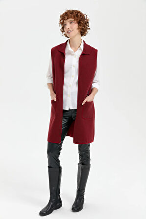 Kadın Polo Yaka Önü Açık İşlemeli Uzun Yün Yelek V.Kırmızı