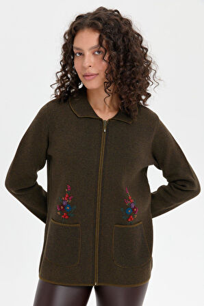 Kadın Polo Yaka İşlemeli Kısa Yün Hırka A.Yeşil