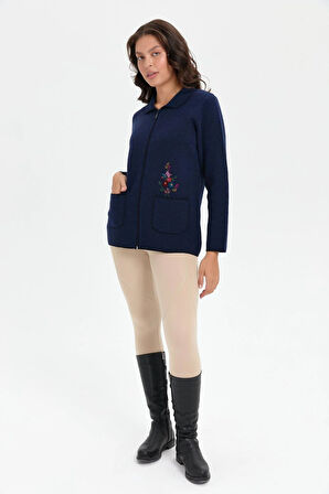 Kadın Polo Yaka İşlemeli Kısa Yün Hırka K.Lacivert