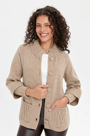 Kadın Dik Yaka Truvakar Kol Kısa Yün Ceket K.Bej