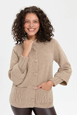 Kadın Dik Yaka Truvakar Kol Kısa Yün Ceket K.Bej