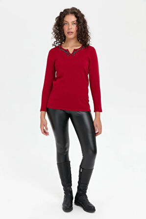 Kadın Yakası Renkli Çiçek İşlemeli Bluz K.Kırmızı