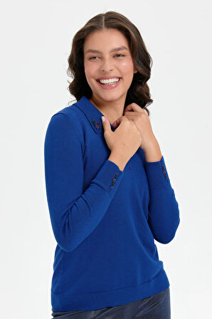 Kadın Polo Yaka Yakası İşlemeli Bluz K.Saks